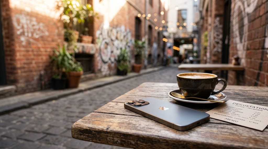 An iPhone 17 sitting on a wooden café table in a Melbourne laneway with morning light
